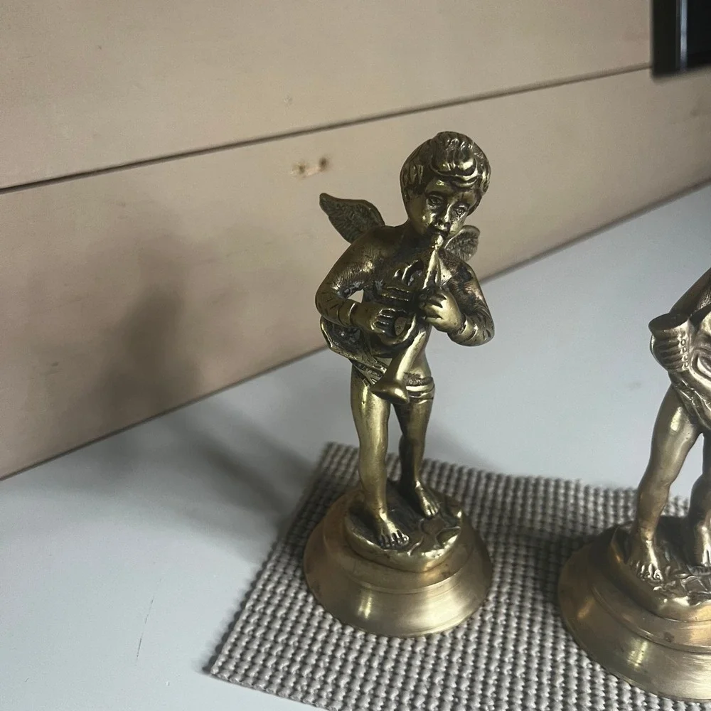 Vintage Brass Cherub Angel Figurines Set of 2 Musical Putti Statues 6 Inch